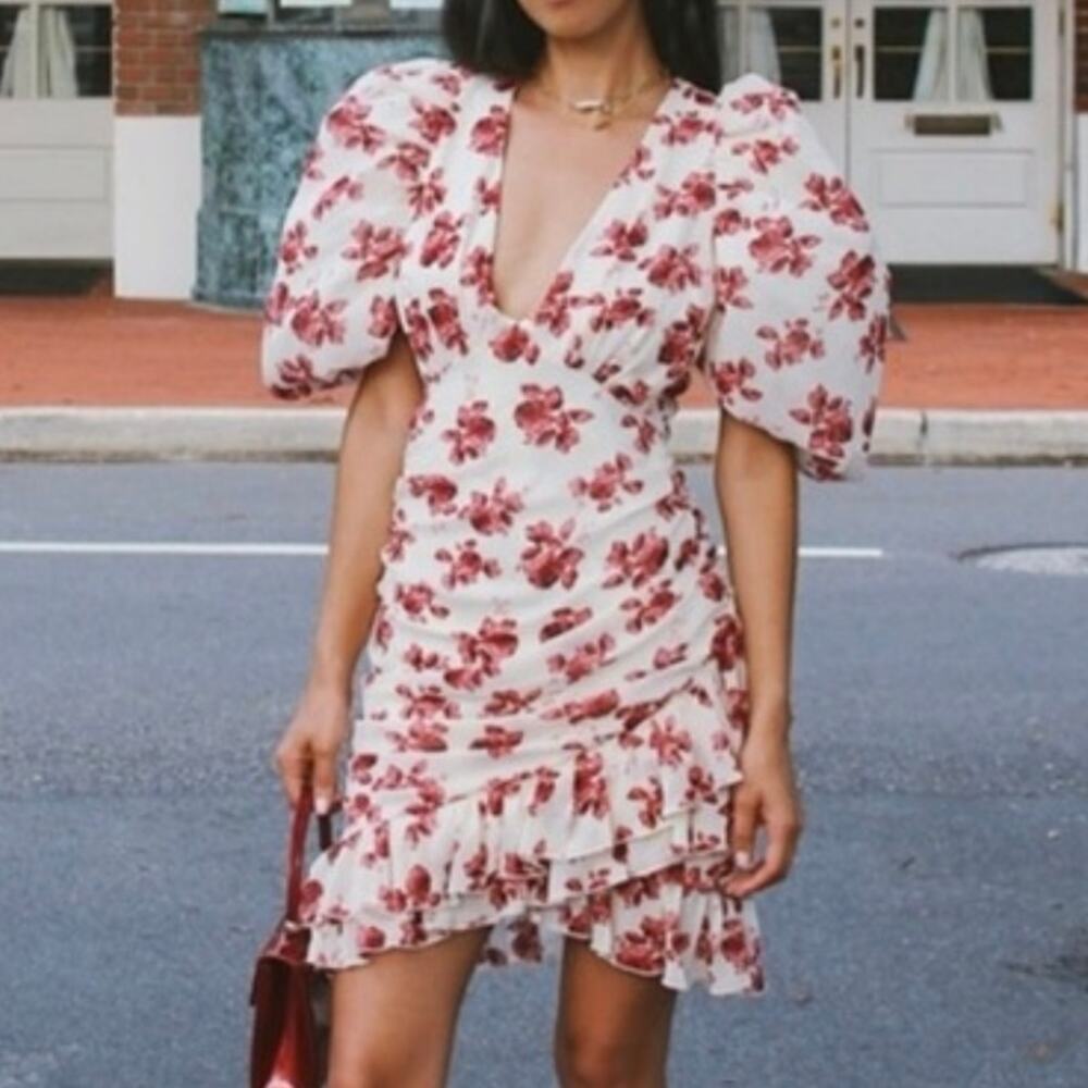 Nasty Gal Floral Puff Sleeve Wrap Mini Dress V-Neck Ruched Ruffle, Pastel Pink - Picture 2 of 11